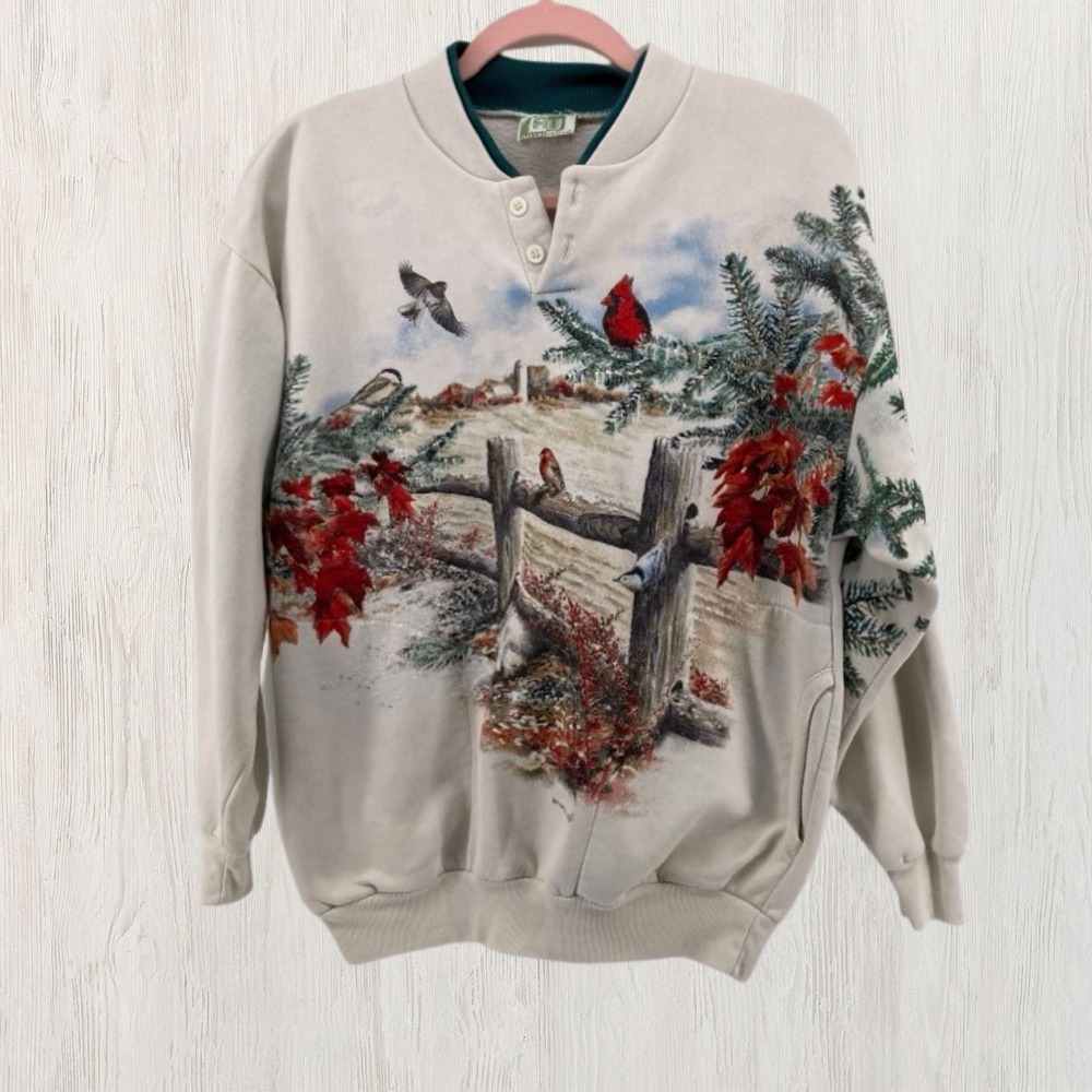 Vintage Art Unlimited Birds‎ Winter Scene Henley Sweatshirt Medium Cardinal 90s